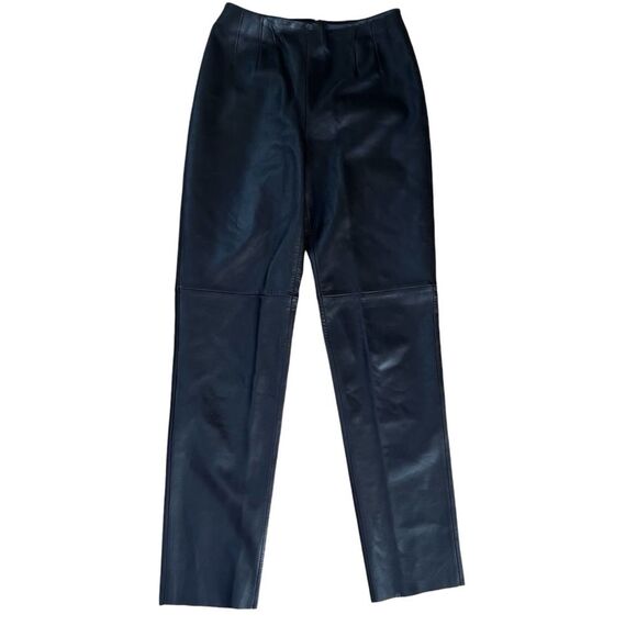 PleinAir Slim Straight Flat Front Genuine Leather Pants in Espresso Brown 0 - Picture 3 of 16